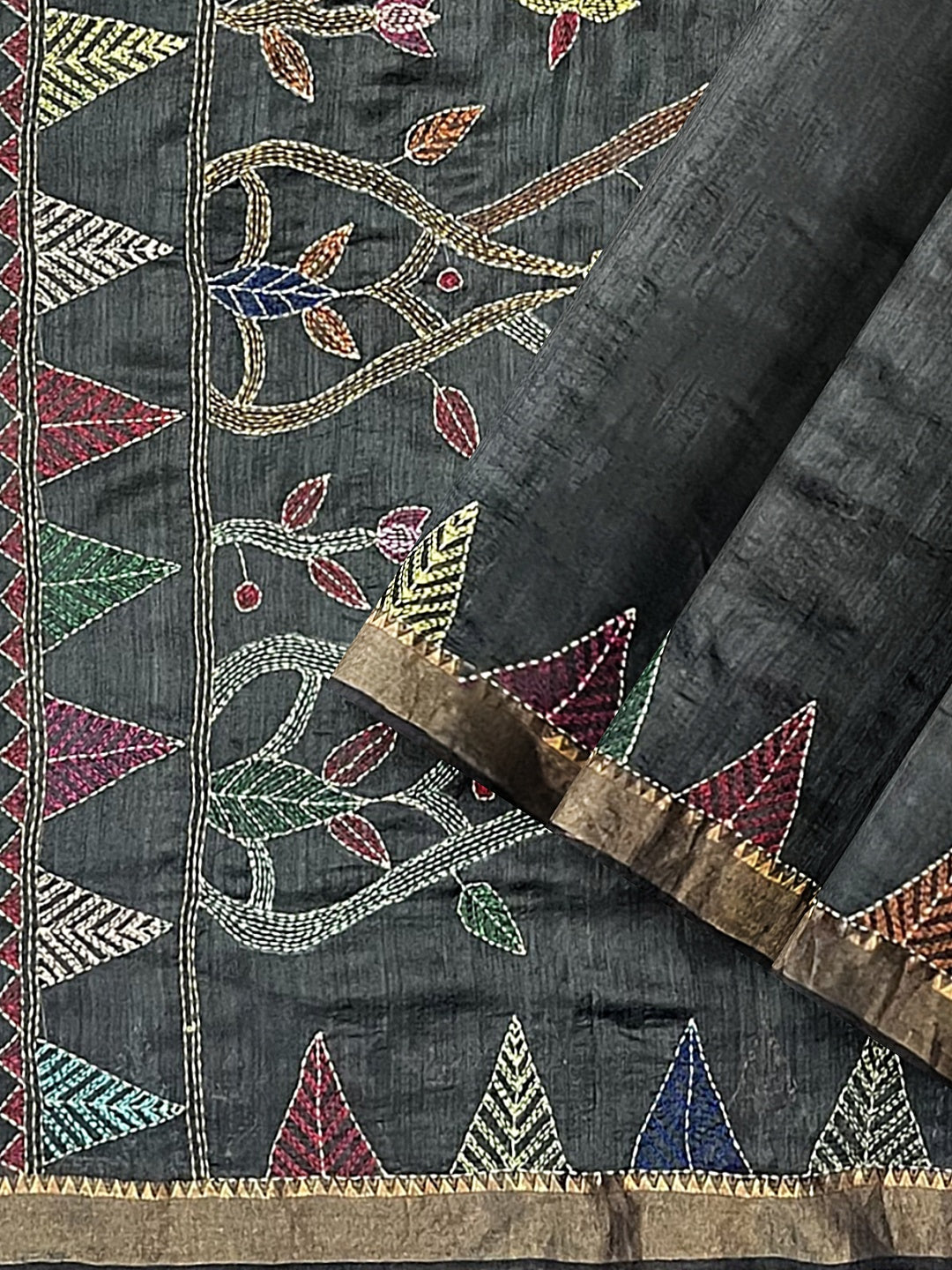 Floral, Hand Embroidered Sujani Saree on Tussar Munga Silk